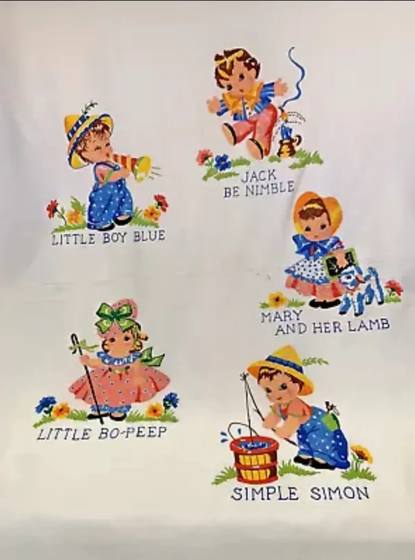 1967 Nursery Rhyme Baby Swaddle Cloth Hand Painted Size 34”x 45”