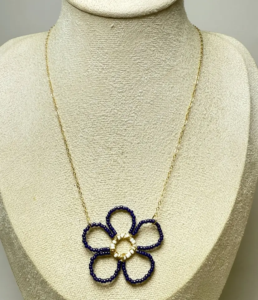 Anne Woodman Handmade Wire Wrapped Signature Happy Flower Necklace Blue Beads Gold Filled