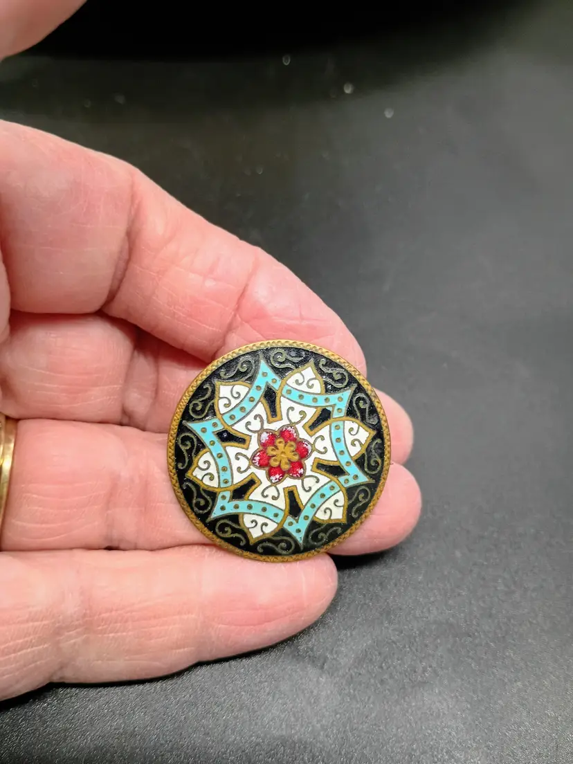 Antique Victorian Champleve Enamel Gothic Revival Brooch Barrel hinge, C clasp