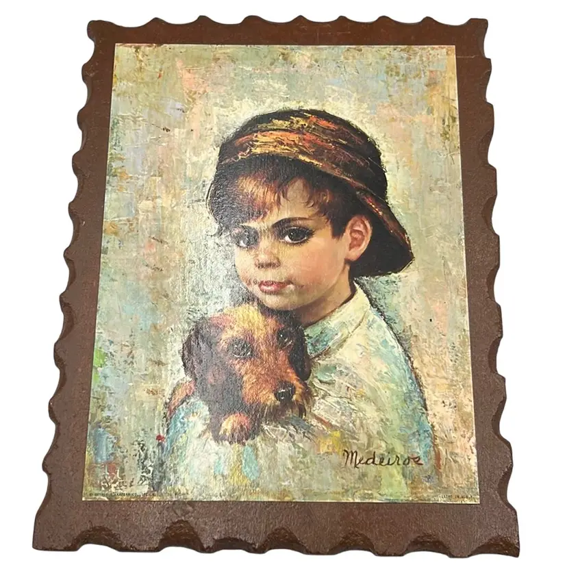 Boy With Dog Vintage Wall Hanging 14.5” x 11”