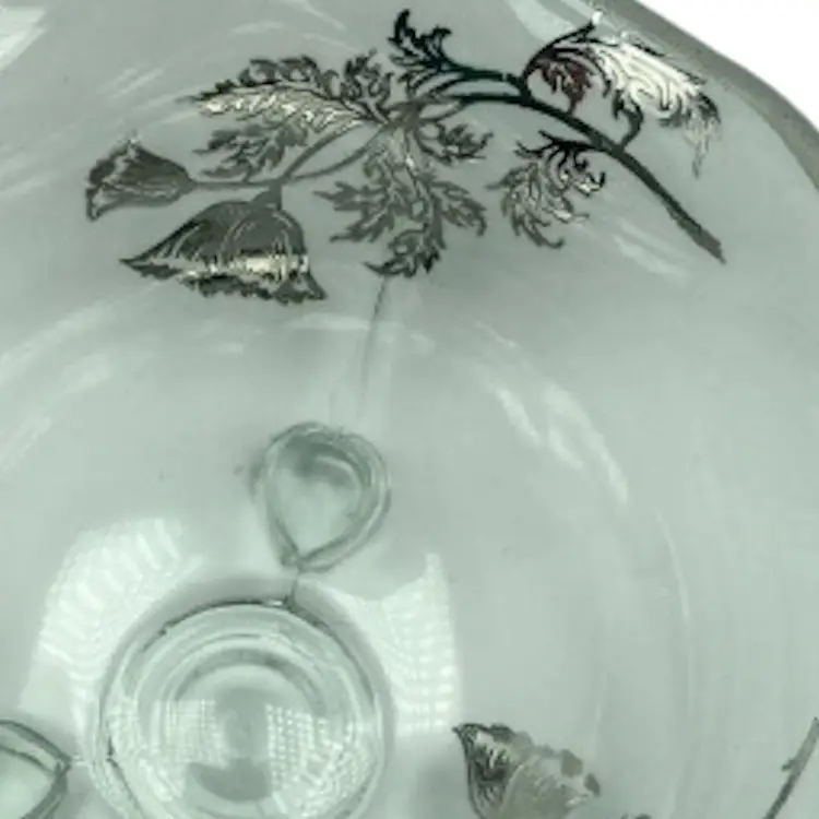 Silver Overlay Poppy flowers Ruffled Rim Footed Glass Candy Bowl by Silver City