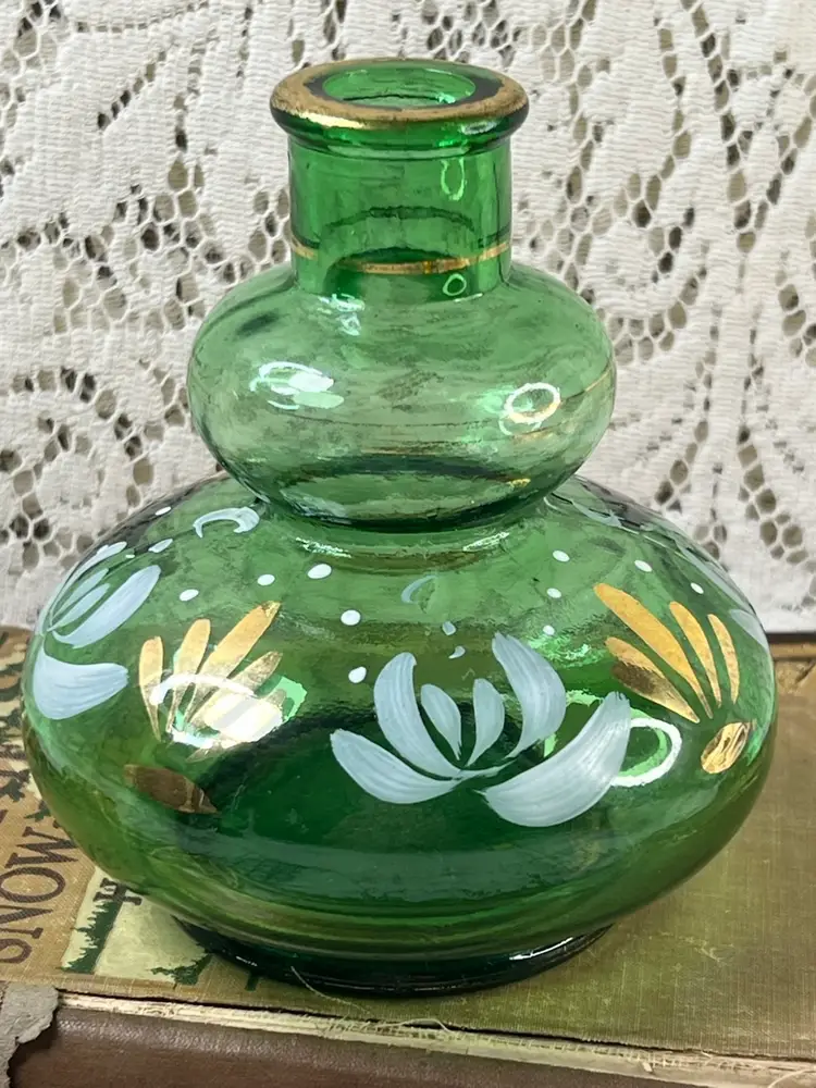 033 Italian Green Art Glass Vase White And Gold Floral Bubble Vase Decanter 6" X5"