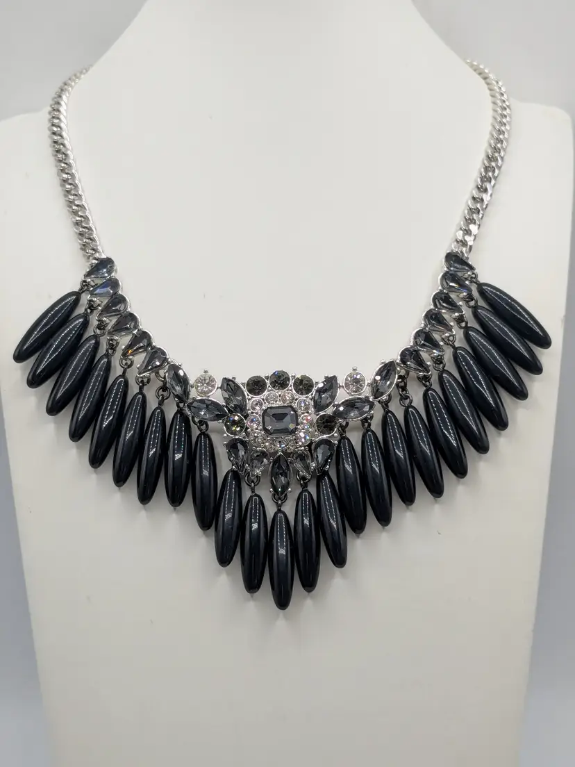 Banana Republic Silver Tone Rhinestones Black Bead Statement Necklace