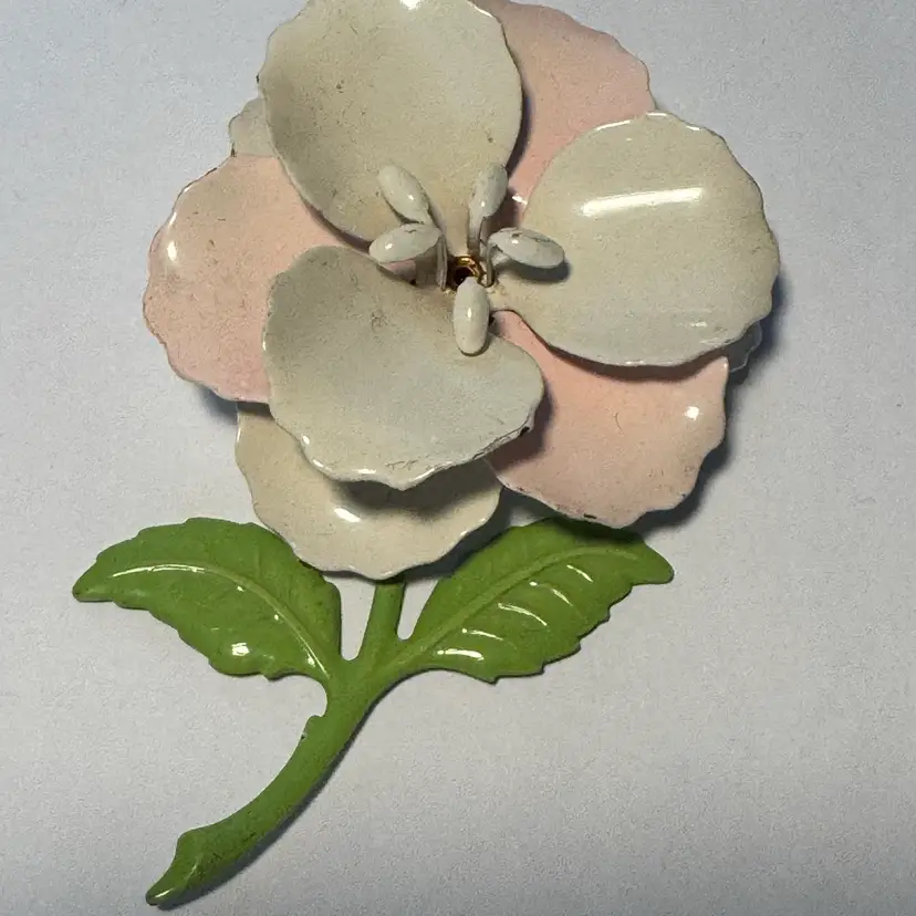 #36. Large Brooch Enamel Flower Pink Green Stem Leaf 3.75” Vintage