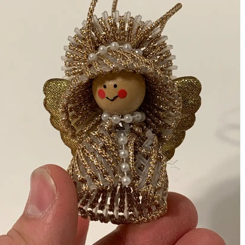 Vintage Handmade Plastic Canvas Angel Ornament with Wood Face