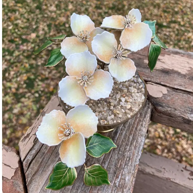 Bovano of Cheshire, Enamel On Metal, Blushed White Flowers On Branches in a Brass Pot. 6.5” x 5.75” x 4.75”h.