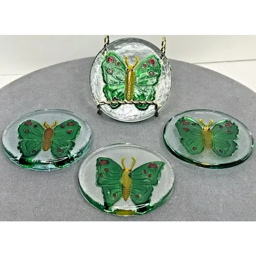 Vintage 4 Round Green Glass Disc Butterfly Design 3D Paperweight or Coasters