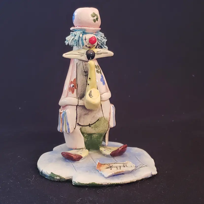 Clown Playing Saxophone Signed Lina Zampiva Spaghetti Hair Italy Made 3⅞" Tall Vintage