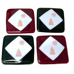 03. Set Of 4  Pine Tree Flag Handmade 4" Fused Glass Coaster