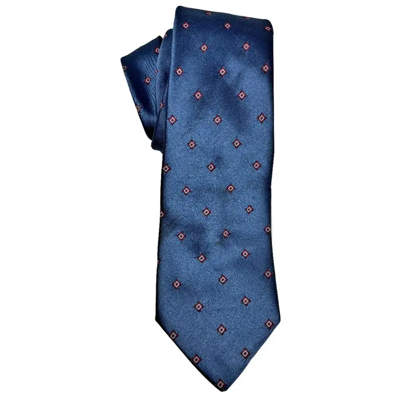 Sears Mens Store Blue Necktie Red Geometric Diamond Print Embroidered Vintage