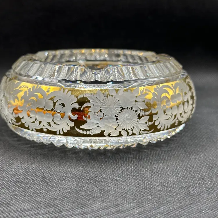#115 Stunning Bohemian Czech Krystal Cut To Clear, Gold Design, Diamond Points, Amazing Condition, Glass Ashtray