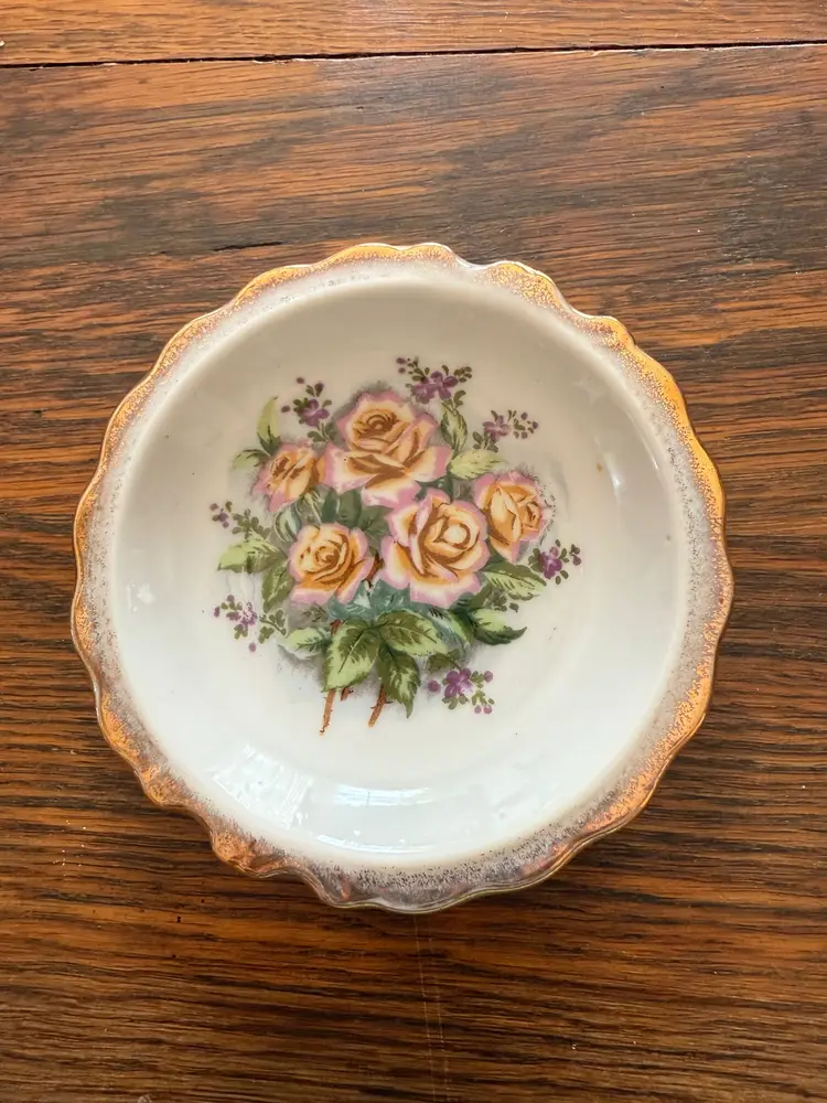 Vintage 4.5" Rose Porcelain Butter Pat Plate with Gold Trim – Small Trinket Dish