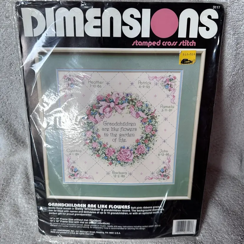 Vintage 1991 DImensions Grandchildren are Like Flowers Stamped Cross Stitch Kit