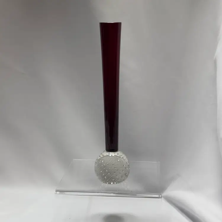 #1617 Modern Red Art Glass Bud Vase With Bullicante Ball Base In Clear Glass With Controlled Bubbles