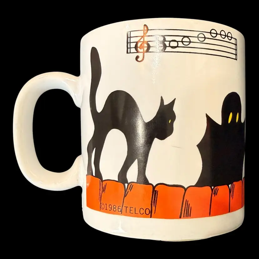 Vintage 1986 Telco Halloween Coffee Mug Cat Bat Ghost 12 Oz