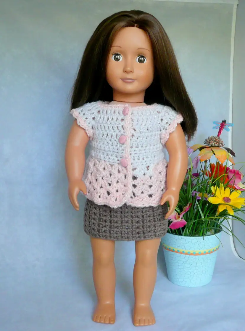 Handmade Crochet 18" Doll Pink & White Lace Button Top and Brown Skirt Set