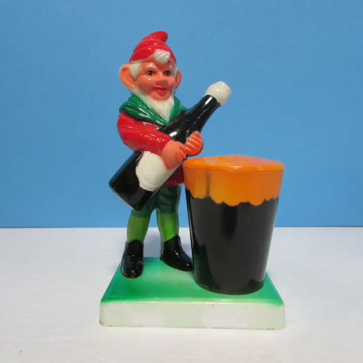 vintage plastic elf gnome holding bottle next to full glass of beer figure Barco