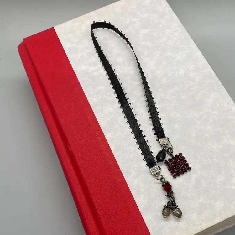 Black Satin Picot Ribbon Garnet Red Gray Bead Dangle Charms Bookmark 10.5"