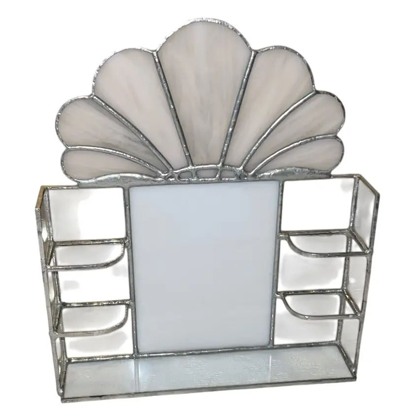 Stained Glass Art Deco Table Top Display Shelf (Shell Pink, White & Clear Glass 11” x 9.75”