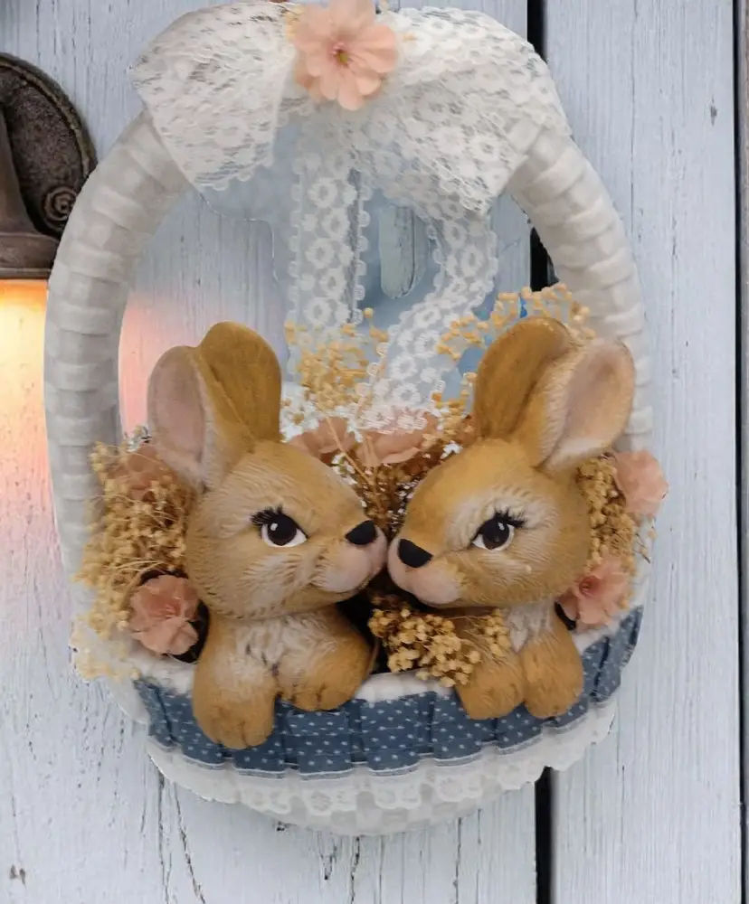 Vintage Ceramic Bunny Rabbit in Basket Wall Hanging Cottagecore Shabby Lace