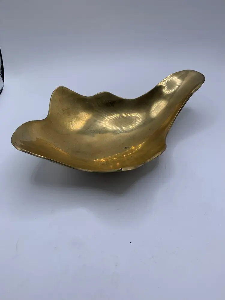 Brutalist Freeform Brass Bowl Etched - Centerpiece Mid-Century Modern 9.25” Long