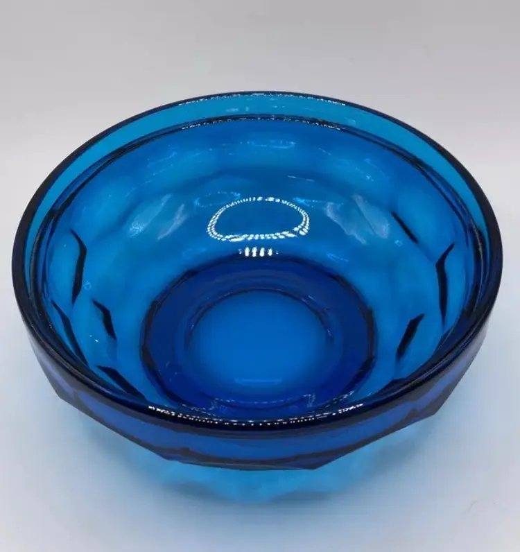 Vintage Blue Cubist Like Bowl -candy Dish Bottom Mcm Glass Bowl Blue