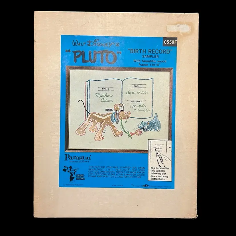 MARKDOWN! Paragon Walt Disney Pluto NOS Birth Record Sampler Needlecraft 11x14" Frame
