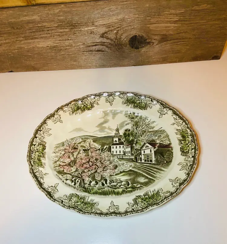 Vintage "The Friendly Village" Oval Transferware Johnson Bros Platter CottageCore Farmhouse Rustic English Country