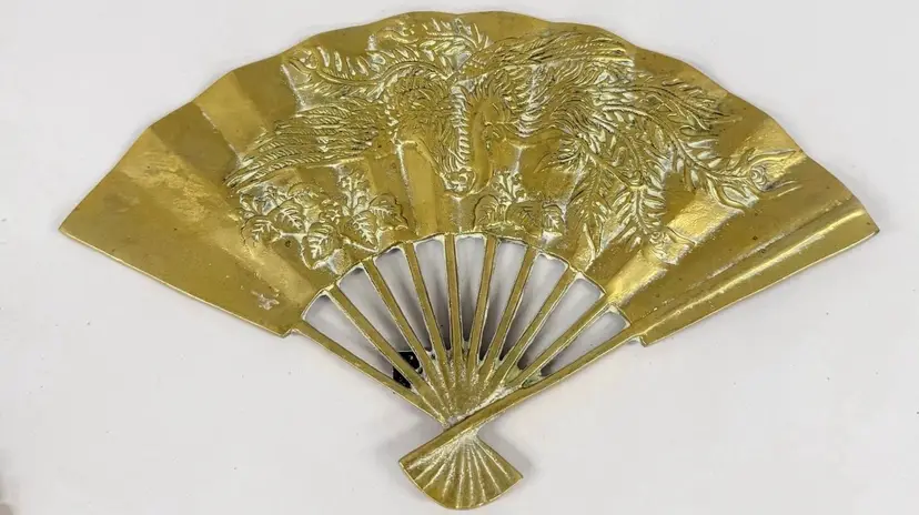 Solid Brass Fan Phoenix Bird Flowers Decor Wall Hanging Ornate 7" x 11.5" Vtg
