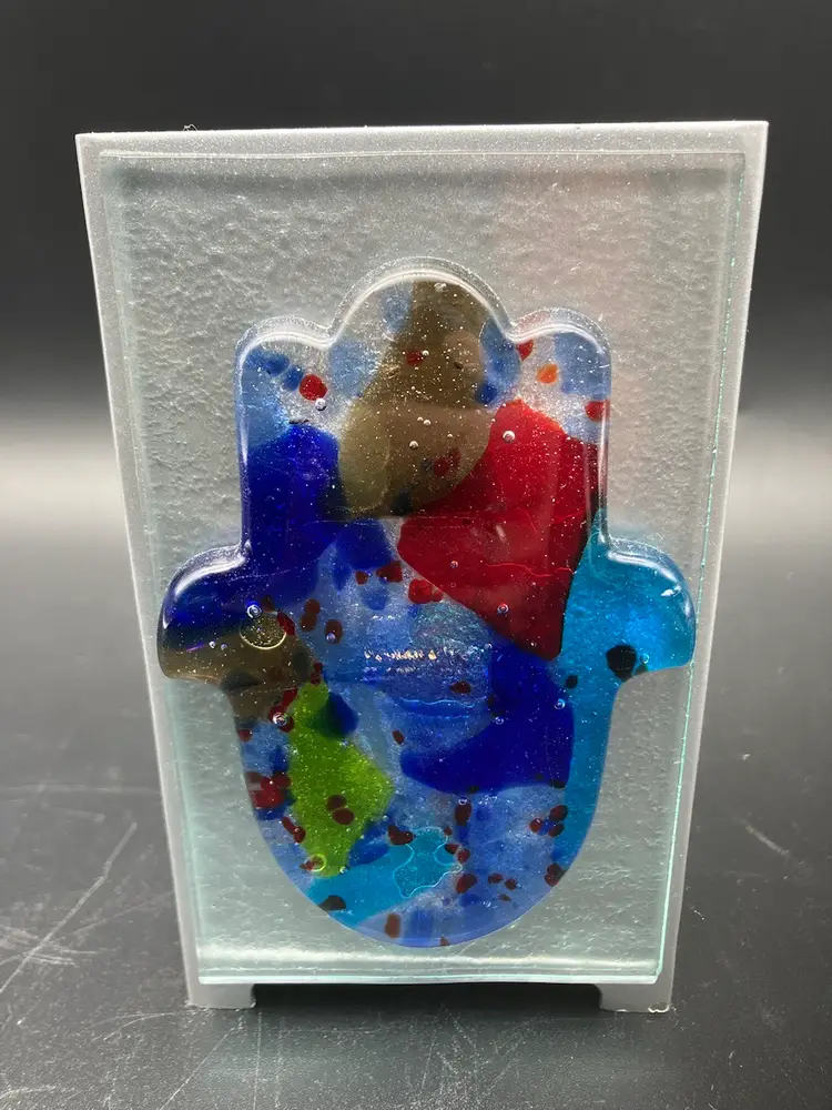 BIN- Tamara Baskin Art Glass Fused Glass Hamsa Charity Box Pen Holder