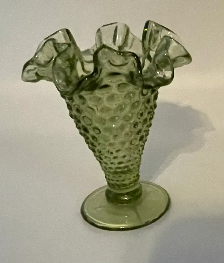 Vintage Fenton 4 inch Hobnail Glass Vase in Colonial Green with Ruffled Top