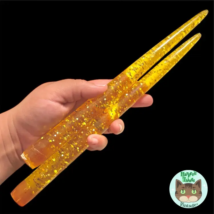 Golden Amber Yellow Glitter Lucite Candle Pair ~ 11 Inch No Wick