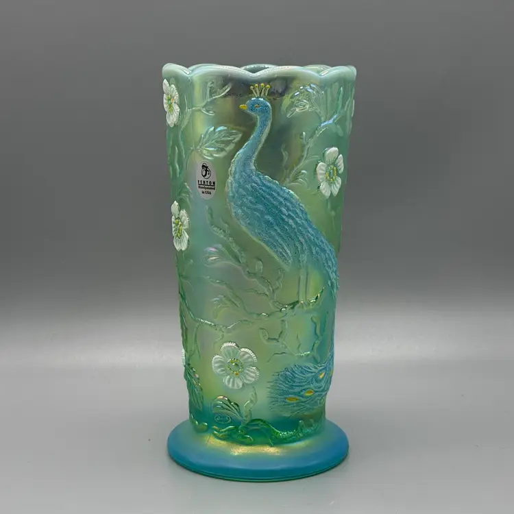 Fenton Opalescent Willow Green Glass Peacock Vase Painted Iridescent Scalloped Rim