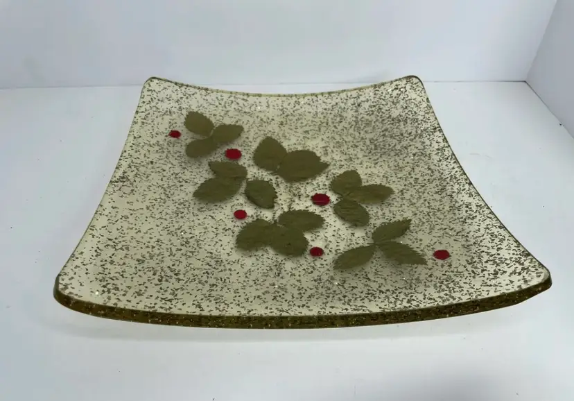 Vtg 1950's Lucite Glitter Holly Leaf & Berry Christmas Serving Tray Platter 10”