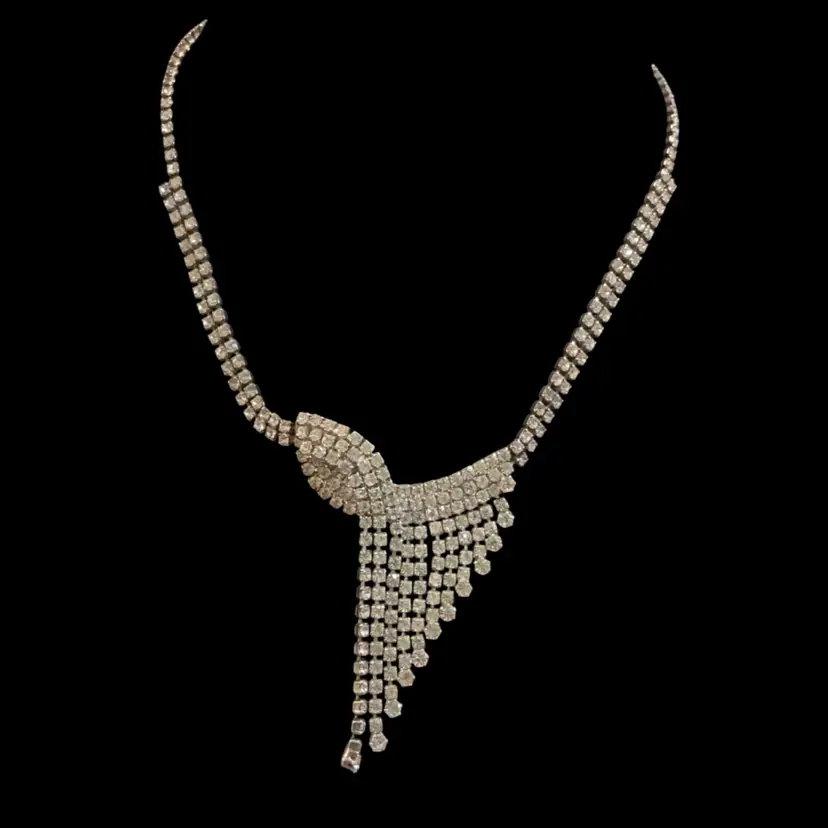 Vintage Silvertone Clear Glass Rhinestone Choker. 1950s/1960s Approx “ Old Hollywood “ Classic Design. Not Signed.