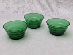 3 Anchor Hocking Emerald Green Dessert Custard Cup Berry Bowl Whirley Twirly Rings Pattern Kitchen Grandmas Forest Ice Cream