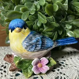 Ceramic Gloss Blue Bird w/Yellow Belly & Pink Flower, Vintage Nick-nack,