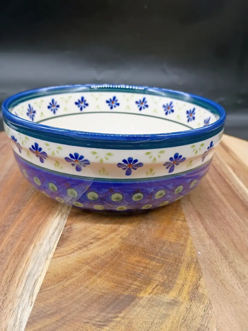 Boleslawic Polish Pottery 7 " Serving Bowl Cobalt Blue with Peacock and Flower Pattern.
