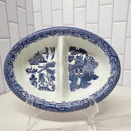 10" Oval Divided Vegetable Bowl by Churchill, Willow Blue (Georgian Shape) collection