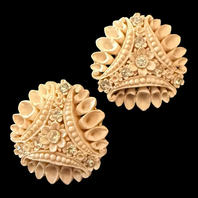 Carved Celluloid and Rhinestone Clip On Earrings 1.25”