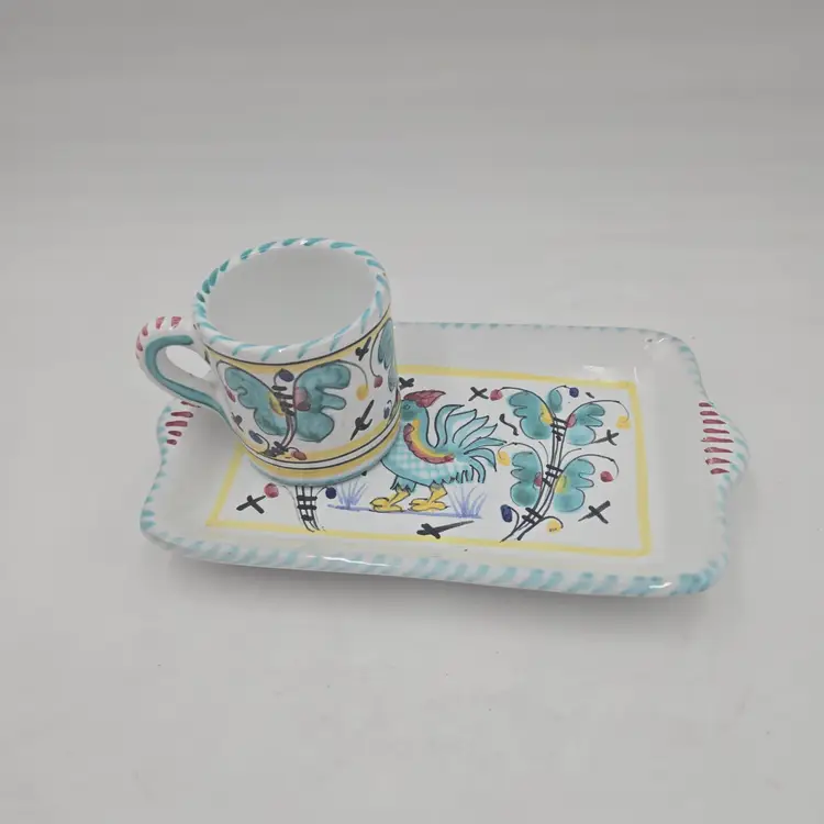 Vintage Espresso Cup And Small Tray Italy Majolica Hand Painted Rooster Signed