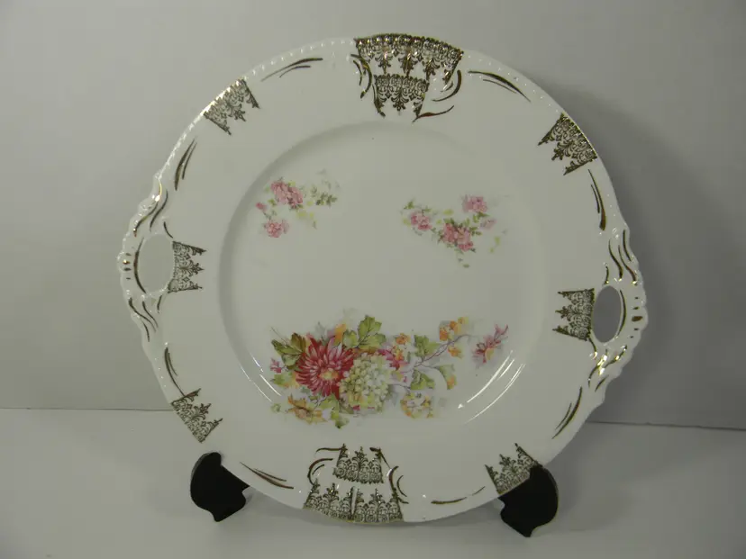 Cake Plate Open-Handled with Gold Crown Accents
