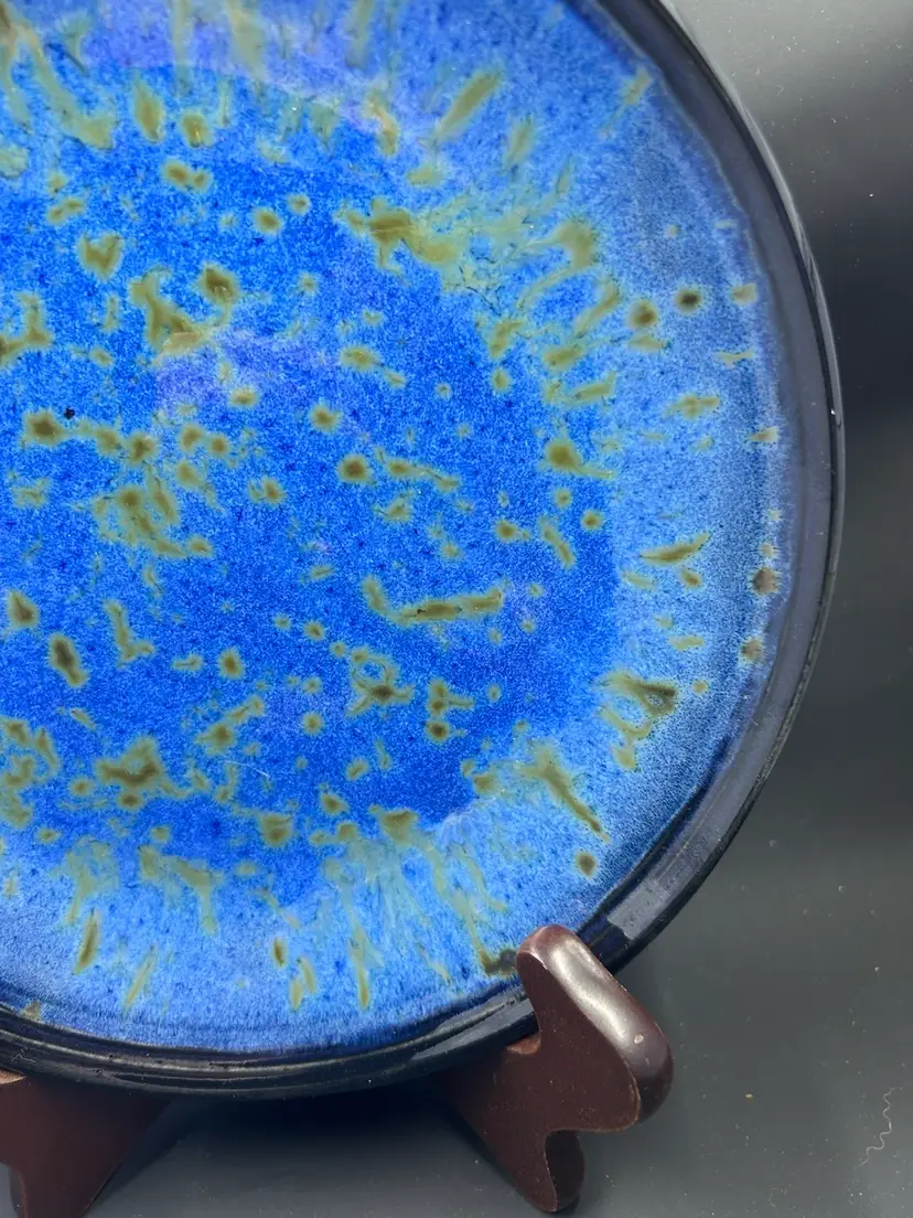 Stoneware Blue Plate With Abstract Design Marked M Stoneware