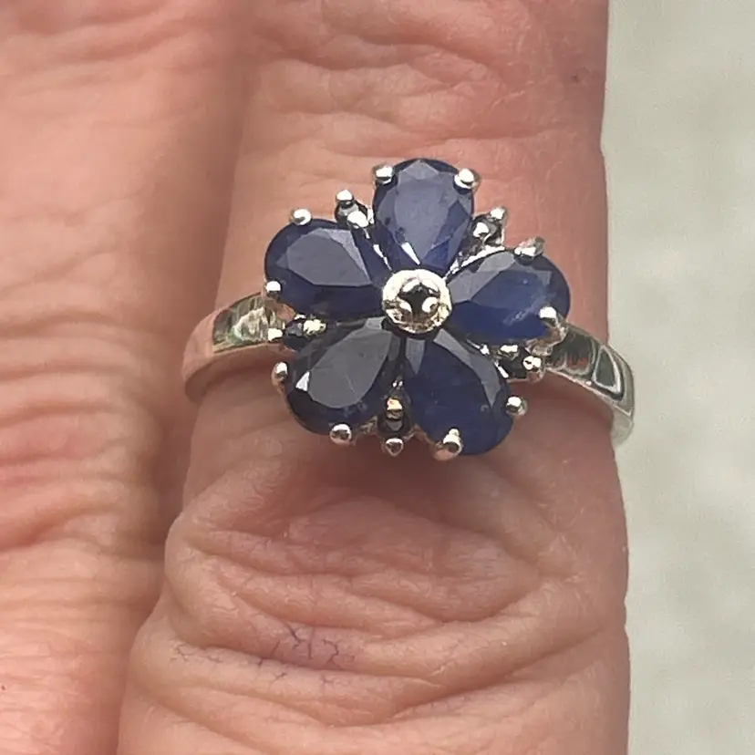 #01 Vintage Sterling Silver Sapphire Topaz Cluster Ring Size 6.75 925 Blue Flower Statement Ring