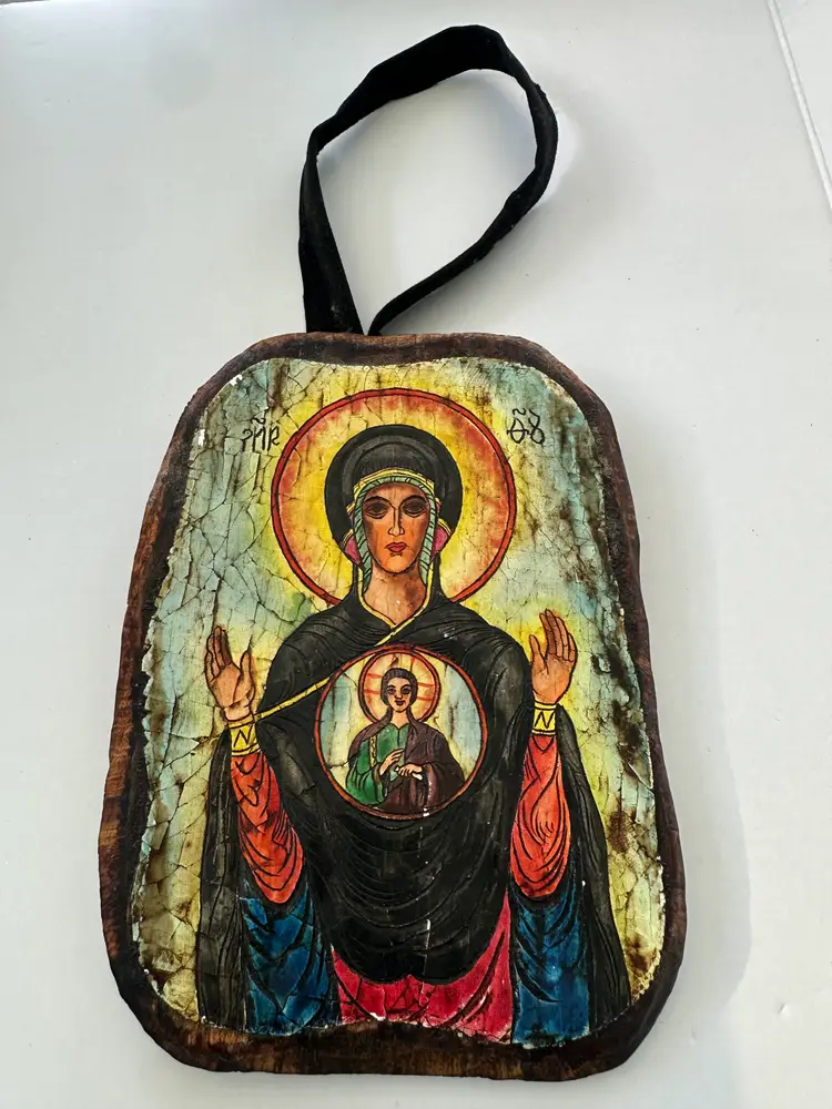 Handmade Religious Icon on Natural Wood Slab Folk Art Wall Plaque 7” x 8”