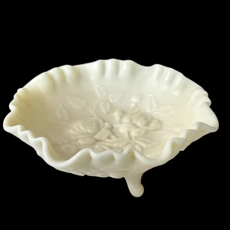 Vintage Rose Imperial Glass Doeskin Satin Custard glass 9" Crimped Footed Bowl 1950's