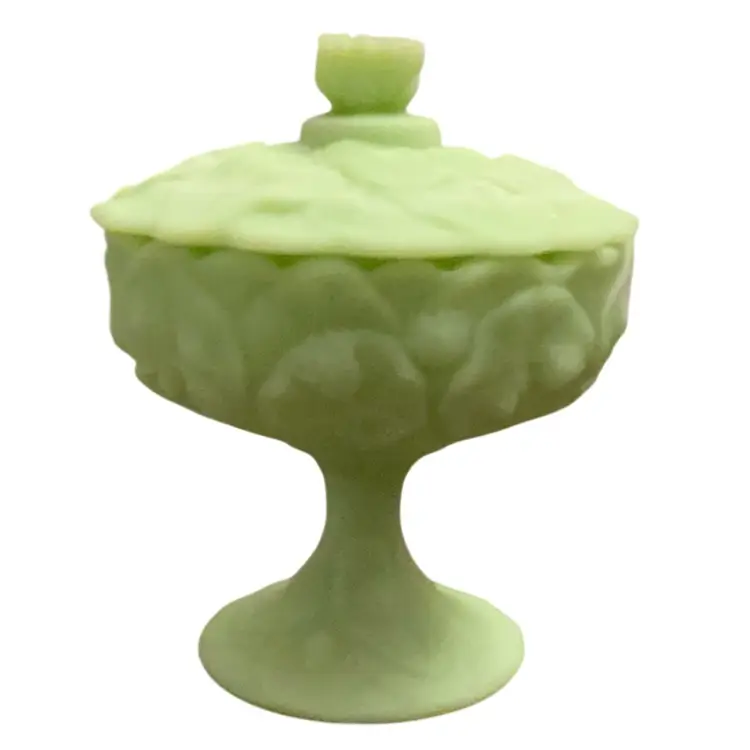 Fenton Lime Green Satin Water Lily Covered Compote  7 1/4” X 5 1/2”- GLOWS READ