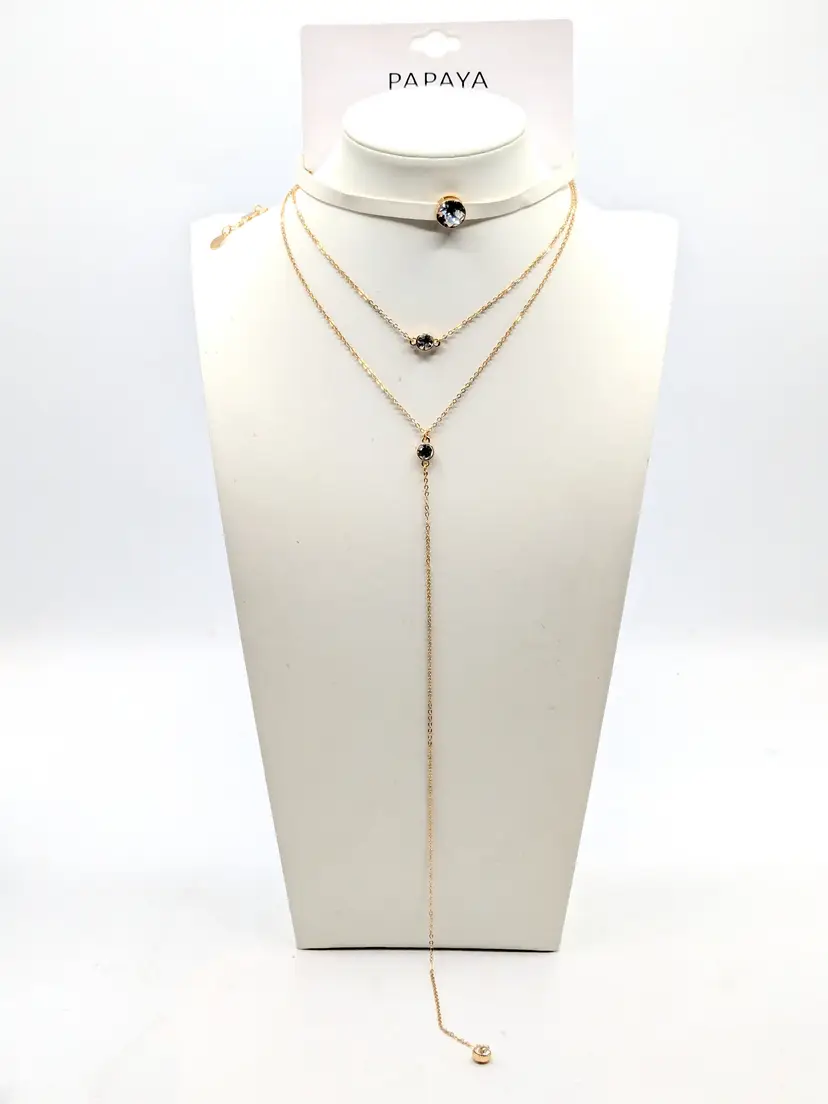 Papaya Gold Tone Layered Necklace with Rhinestones NWT