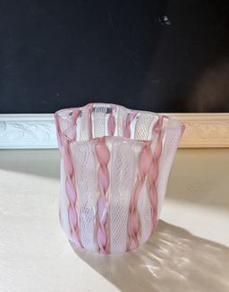 Vintage Venetian Murano Pink Latticino Mini Glass Vase