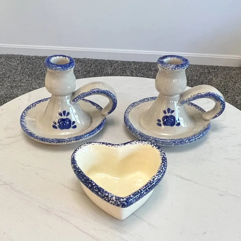 Cottage Core Home Decor Blue Spongeware Pottery Candle Holders Heart Dish Granny
